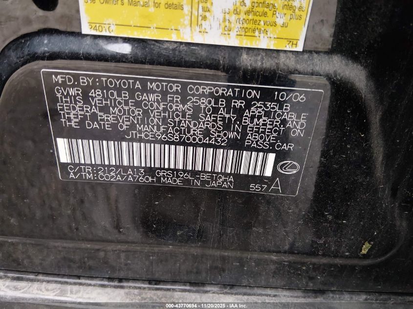 2007 Lexus Gs 350 VIN: JTHCE96S870004432 Lot: 43770694