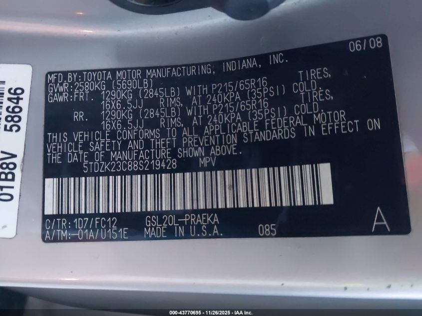 2008 Toyota Sienna Le VIN: 5TDZK23C88S219428 Lot: 43770695