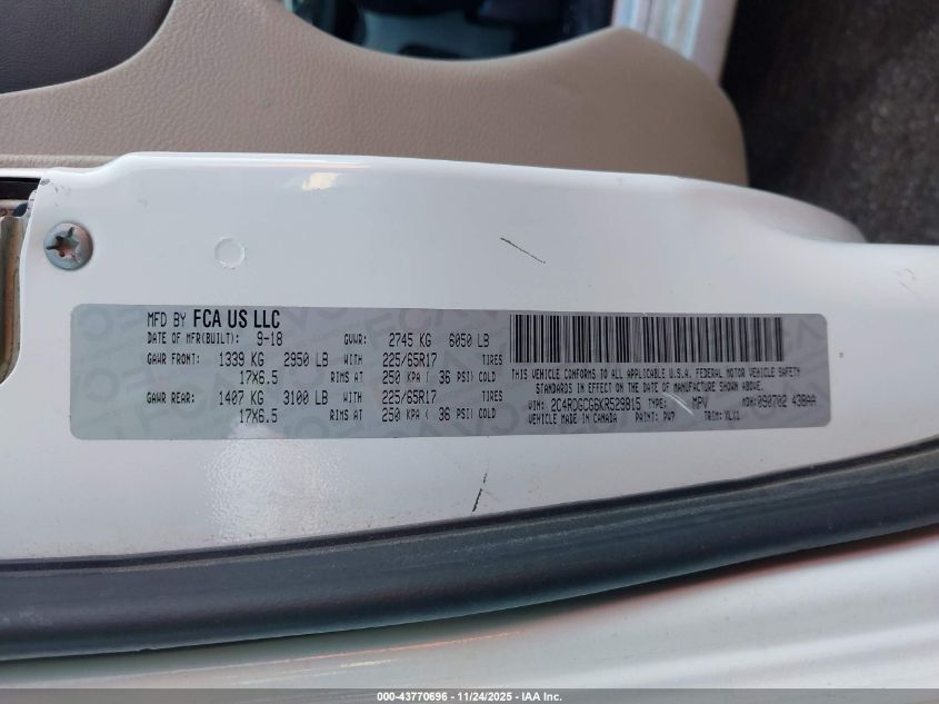 2019 Dodge Grand Caravan Sxt VIN: 2C4RDGCG6KR529815 Lot: 43770696