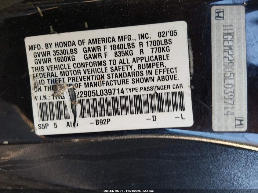 2005 Honda Civic Ex VIN: 1HGEM22905L039714 Lot: 43770701
