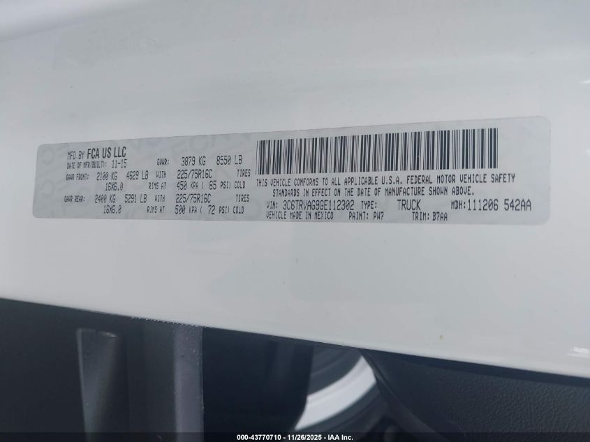 2016 Ram Promaster 1500 Low Roof VIN: 3C6TRVAG9GE112302 Lot: 43770710