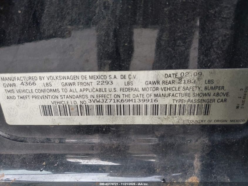 2009 Volkswagen Jetta S VIN: 3VWJZ71K69M139916 Lot: 43770721
