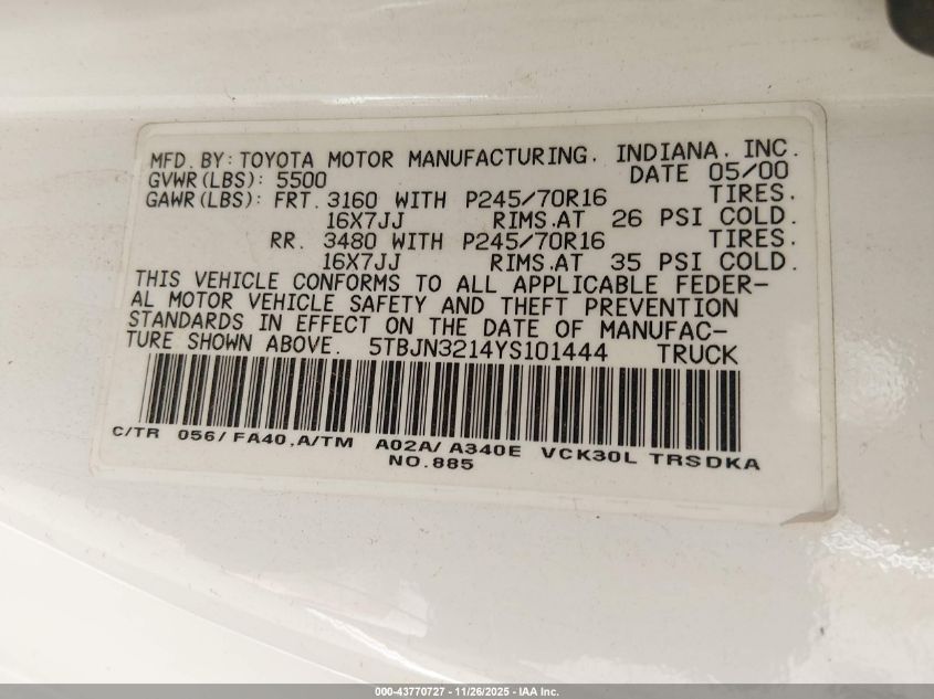 2000 Toyota Tundra VIN: 5TBJN3214YS101444 Lot: 43770727