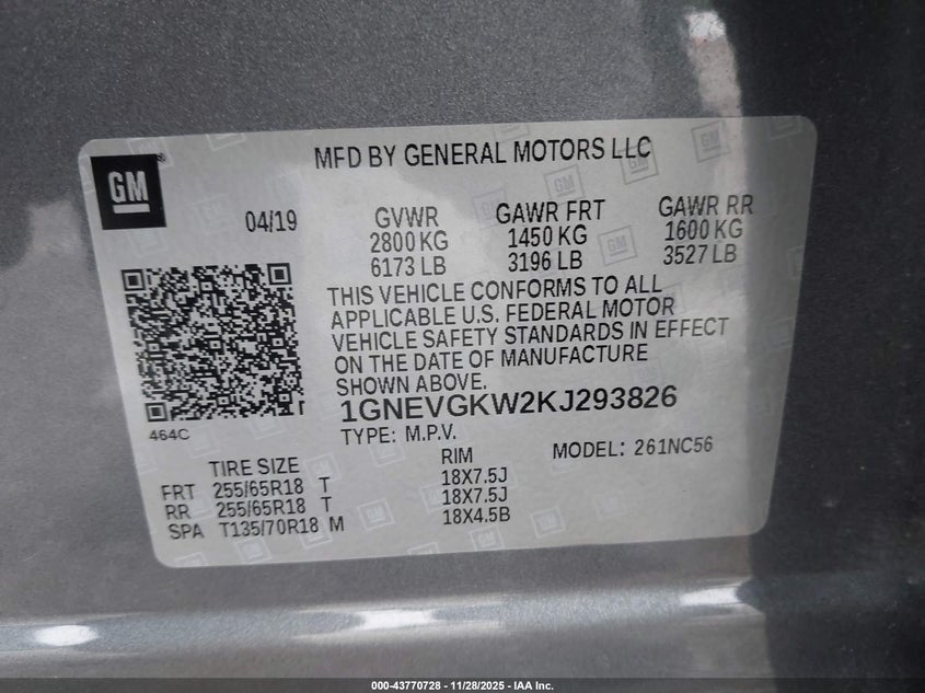 2019 Chevrolet Traverse 1Lt VIN: 1GNEVGKW2KJ293826 Lot: 43770728