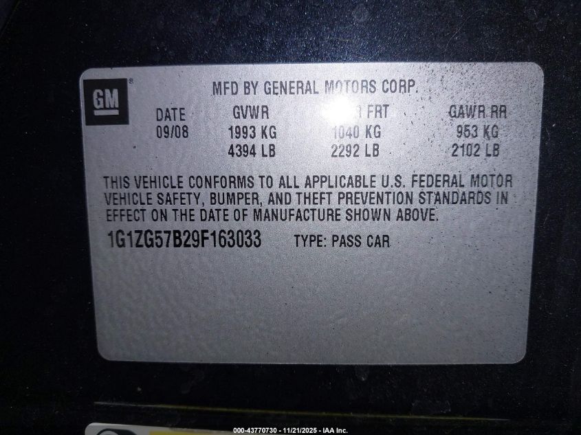 2009 Chevrolet Malibu Ls VIN: 1G1ZG57B29F163033 Lot: 43770730