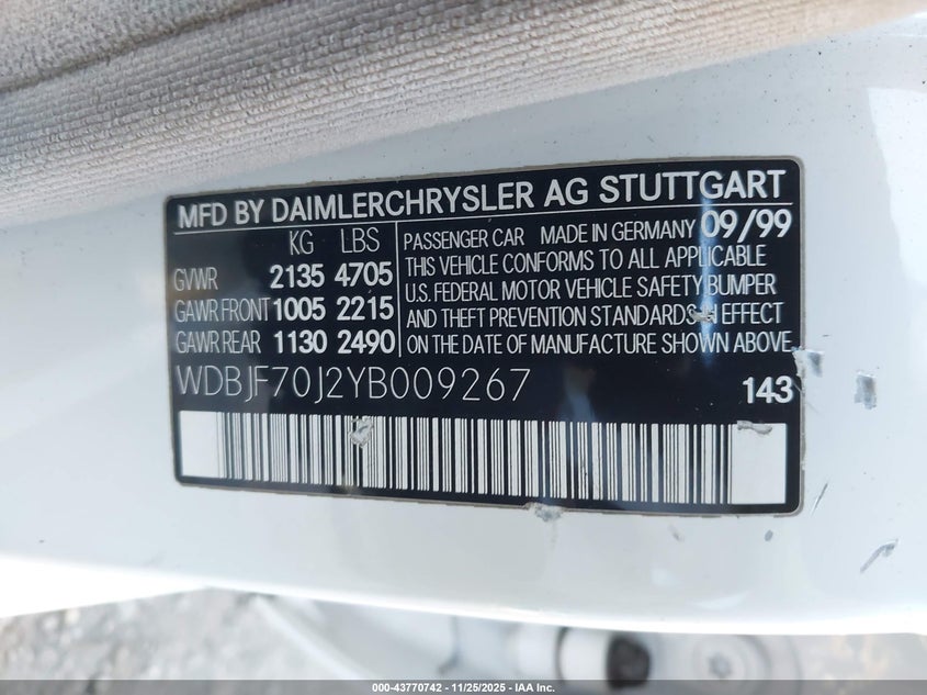 2000 Mercedes-Benz E 430 VIN: WDBJF70J2YB009267 Lot: 43770742