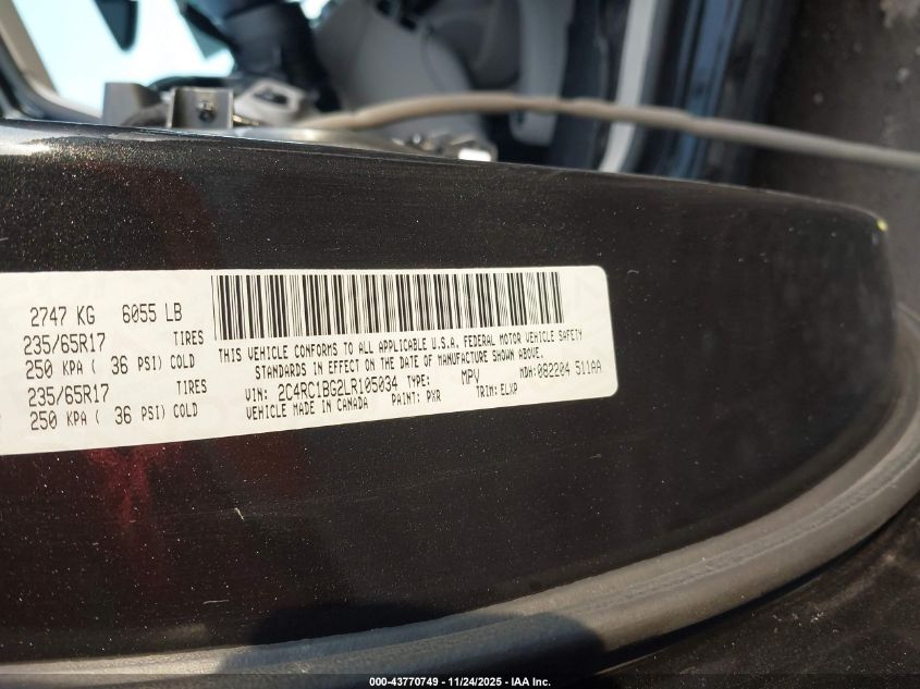 2020 Chrysler Pacifica Touring L VIN: 2C4RC1BG2LR105034 Lot: 43770749