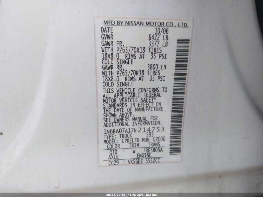 2007 Nissan Titan Se VIN: 1N6BA07A17N214753 Lot: 43770751