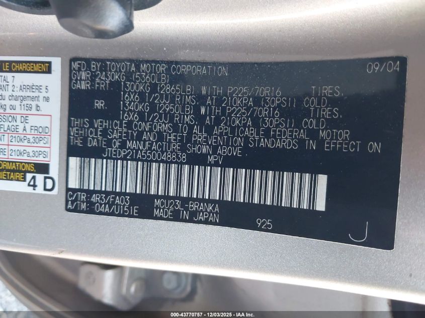 2005 Toyota Highlander V6 VIN: JTEDP21A550048838 Lot: 43770757