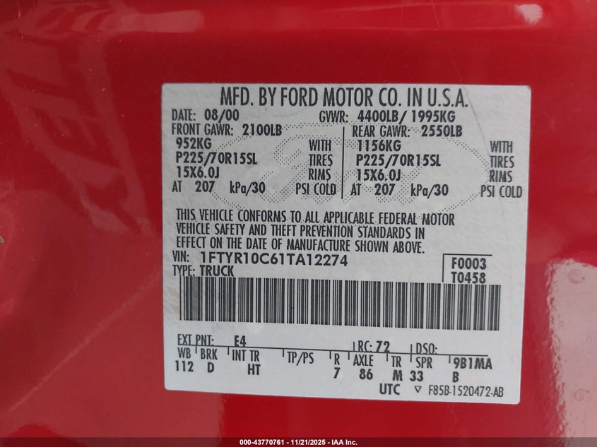 2001 Ford Ranger Xl/Xlt VIN: 1FTYR10C61TA12274 Lot: 43770761