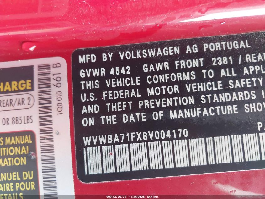 2008 Volkswagen Eos Komfort/Turbo VIN: WVWBA71FX8V004170 Lot: 43770772