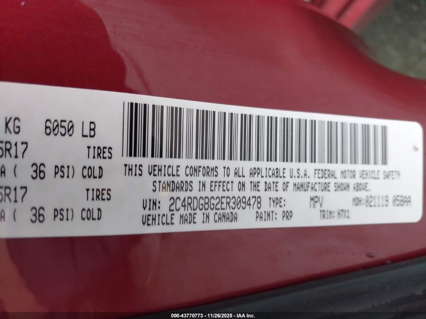 2014 Dodge Grand Caravan Se VIN: 2C4RDGBG2ER309478 Lot: 43770773