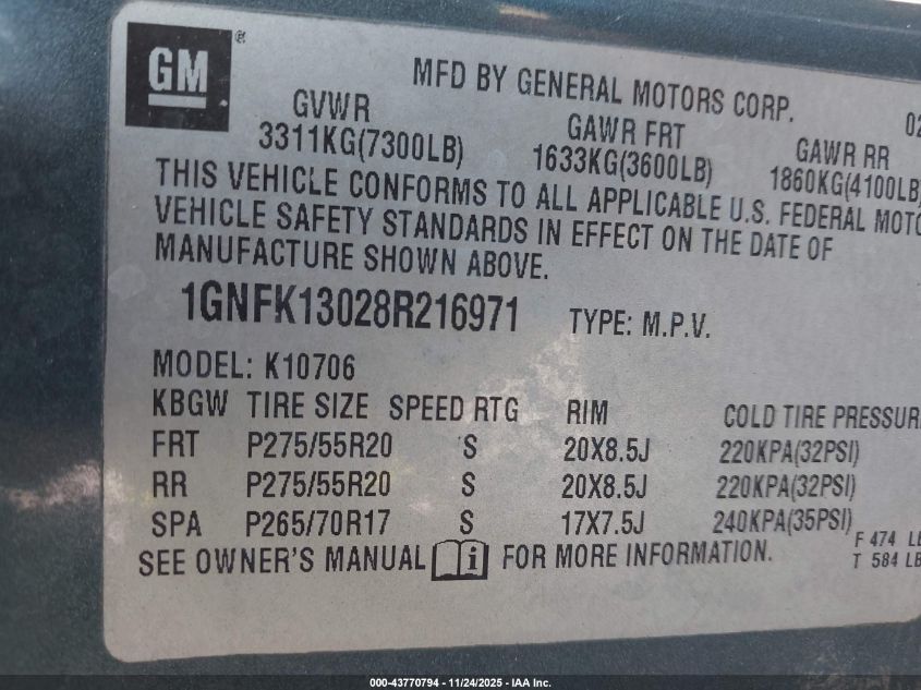 2008 Chevrolet Tahoe Ltz VIN: 1GNFK13028R216971 Lot: 43770794