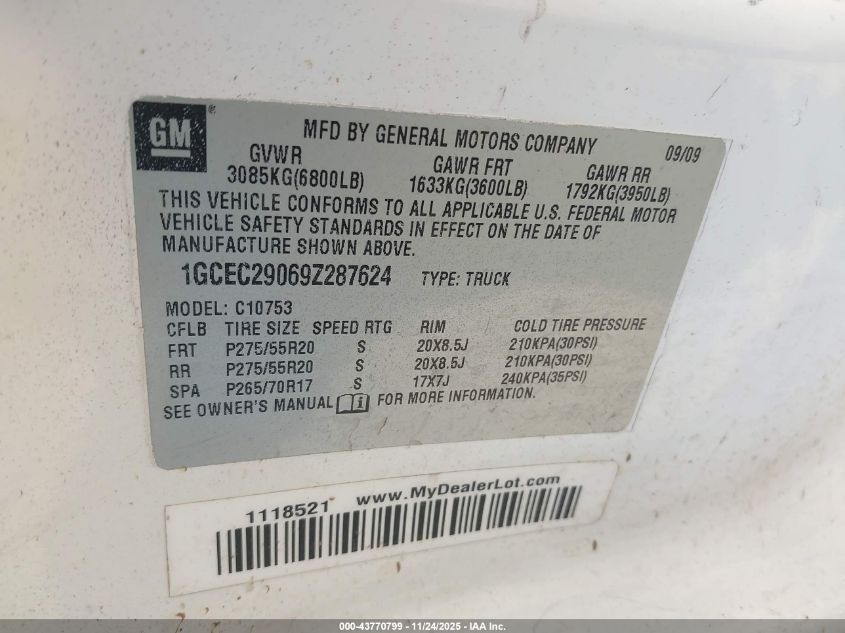 2009 Chevrolet Silverado 1500 Lt VIN: 1GCEC29069Z287624 Lot: 43770799