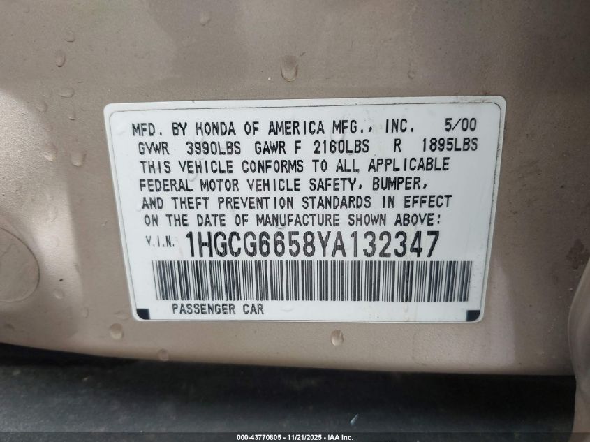 2000 Honda Accord 2.3 Lx VIN: 1HGCG6658YA132347 Lot: 43770805