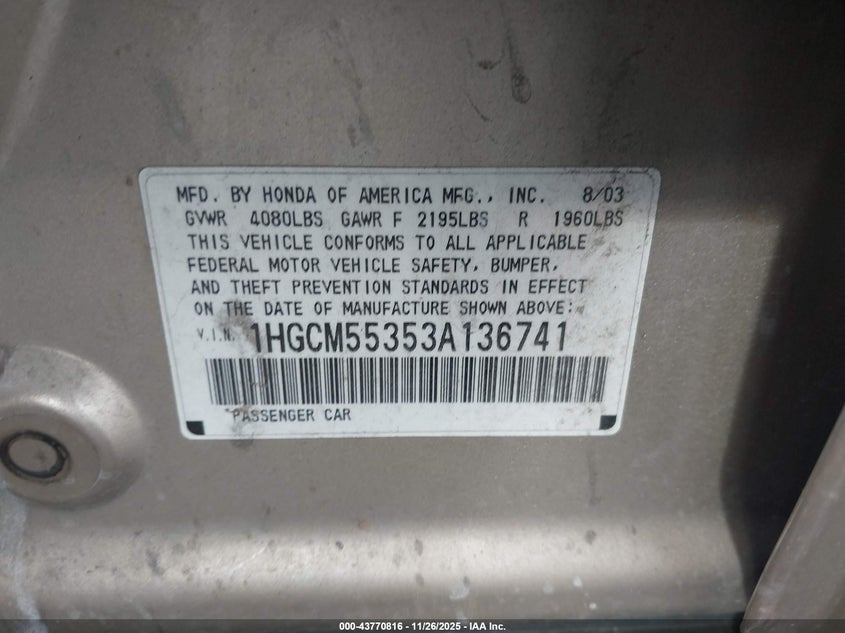 2003 Honda Accord 2.4 Lx VIN: 1HGCM55353A136741 Lot: 43770816