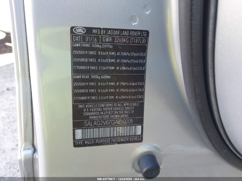2016 Land Rover Lr4 VIN: SALAG2V67GA810005 Lot: 43770817