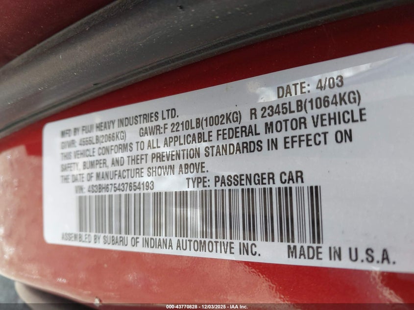 4S3BH675437654193 2003 SUBARU OUTBACK photo no. 9
