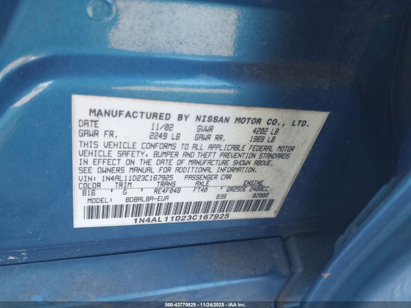 2003 Nissan Altima 2.5 Sl VIN: 1N4AL11D23C167925 Lot: 43770829