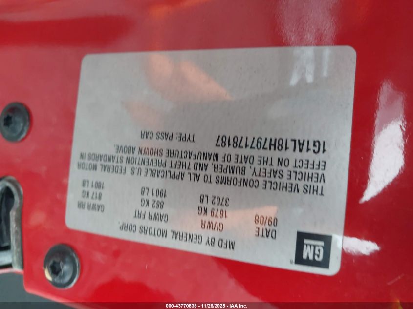 2009 Chevrolet Cobalt Lt VIN: 1G1AL18H797178187 Lot: 43770838