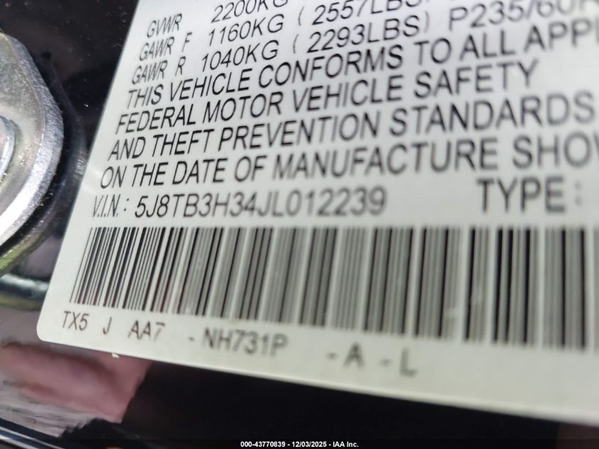 2018 Acura Rdx Acurawatch Plus Package VIN: 5J8TB3H34JL012239 Lot: 43770839