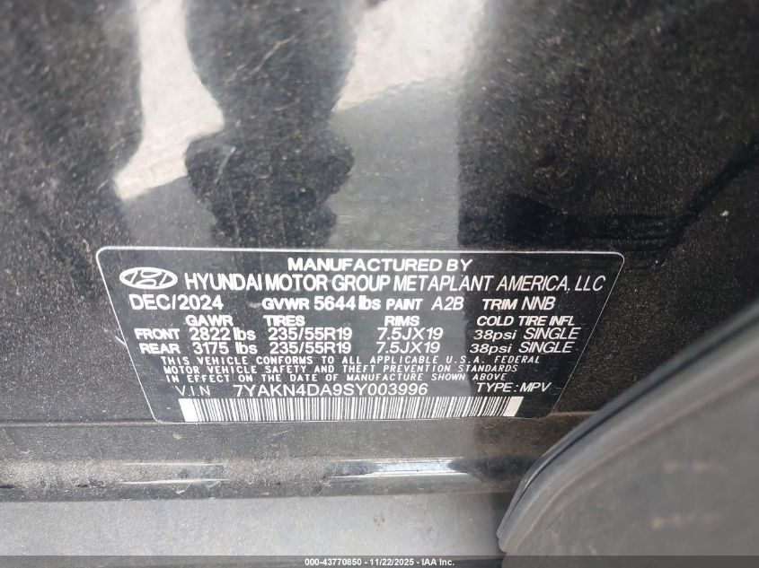 2025 Hyundai Ioniq 5 Sel VIN: 7YAKN4DA9SY003996 Lot: 43770850