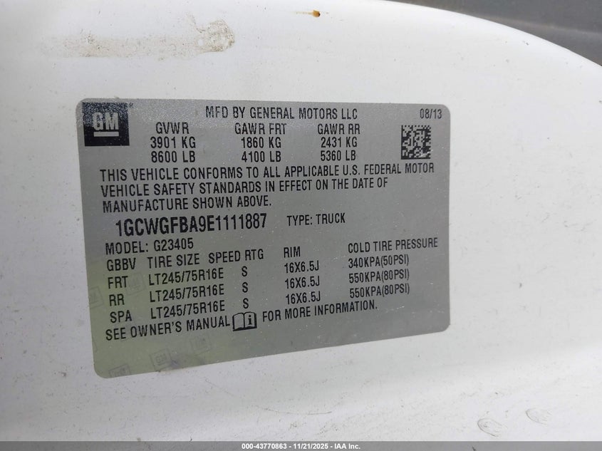 2014 Chevrolet Express 2500 Work Van VIN: 1GCWGFBA9E1111887 Lot: 43770863