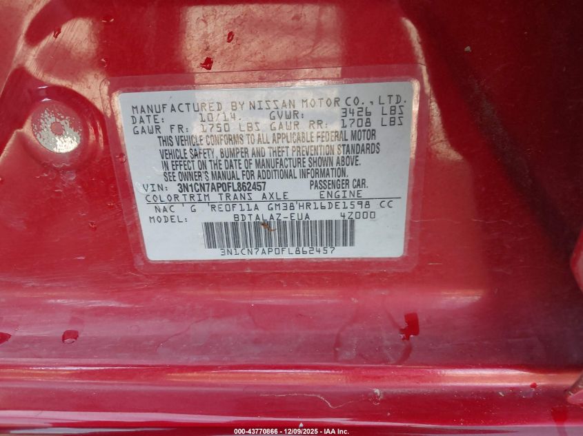 2015 Nissan Versa 1.6 S+ VIN: 3N1CN7AP0FL862457 Lot: 43770866