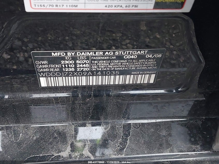 2009 Mercedes-Benz Cls 550 VIN: WDDDJ72X09A141035 Lot: 43770868