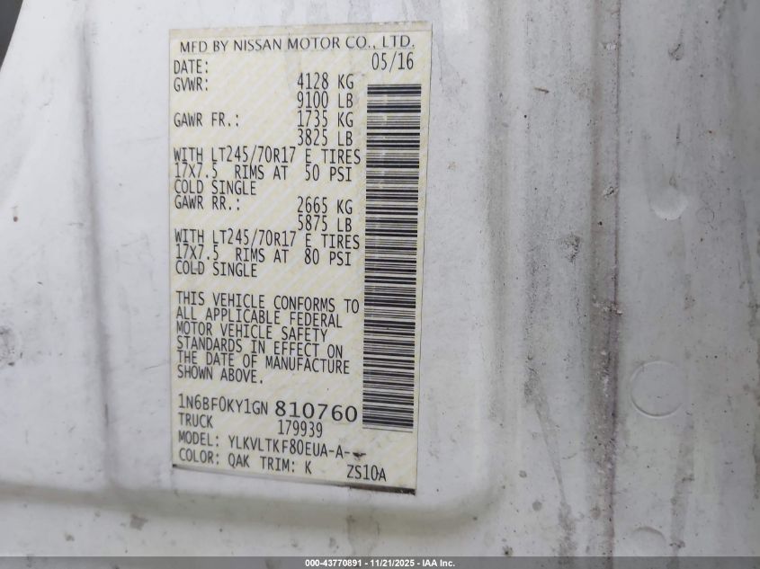 2016 Nissan Nv Cargo Nv2500 Hd Sv V6 VIN: 1N6BF0KY1GN810760 Lot: 43770891