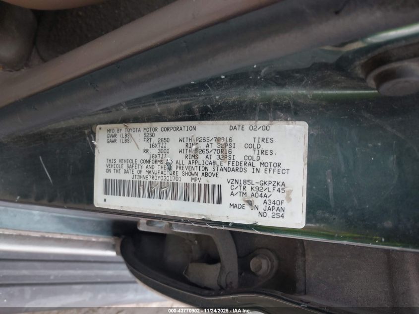 2000 Toyota 4Runner Limited V6 VIN: JT3HN87R0Y0301701 Lot: 43770902