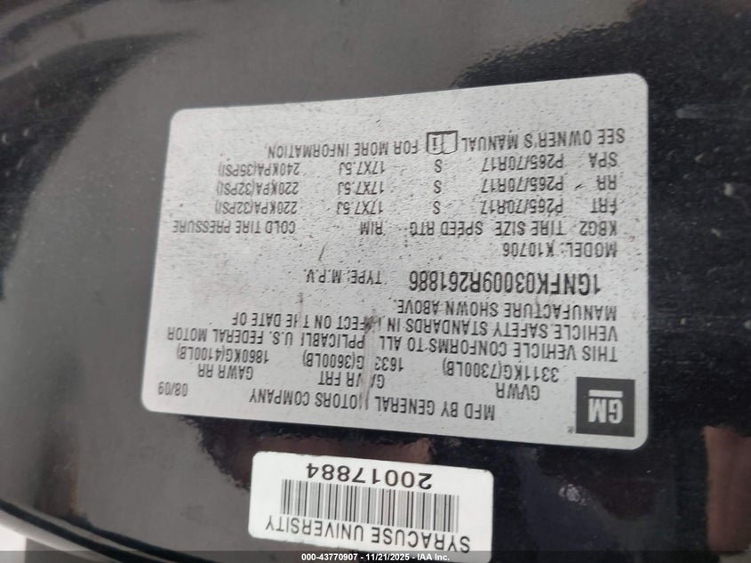 2009 Chevrolet Tahoe Special Services VIN: 1GNFK03009R261886 Lot: 43770907