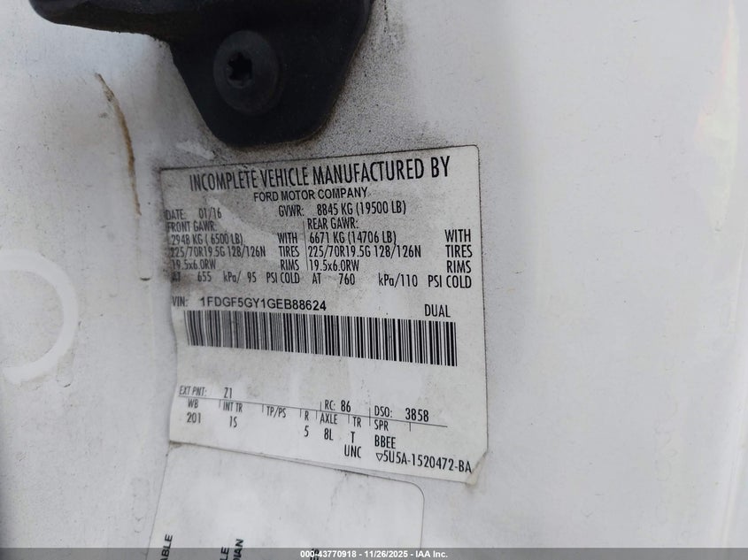 2016 Ford F-550 Chassis Xl VIN: 1FDGF5GY1GEB88624 Lot: 43770918