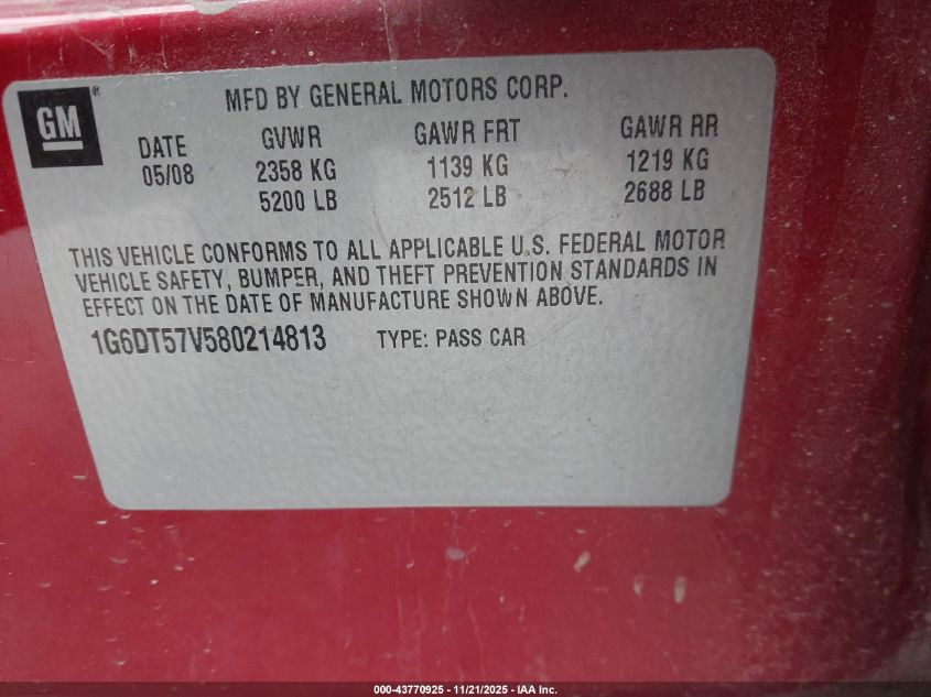 2008 Cadillac Cts Standard VIN: 1G6DT57V580214813 Lot: 43770925