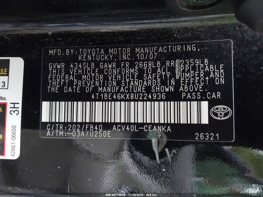 2008 Toyota Camry VIN: 4T1BE46KX8U224936 Lot: 43770936