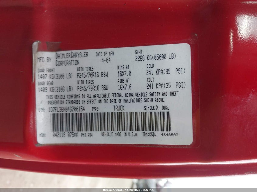 2004 Dodge Dakota Sport VIN: 1D7FL36N04S700154 Lot: 43770944