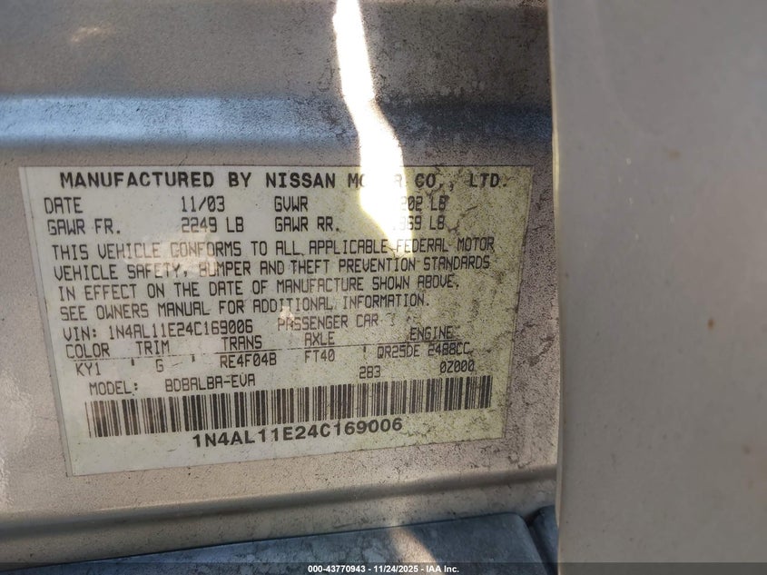 2004 Nissan Altima 2.5 S VIN: 1N4AL11E24C169006 Lot: 43770943