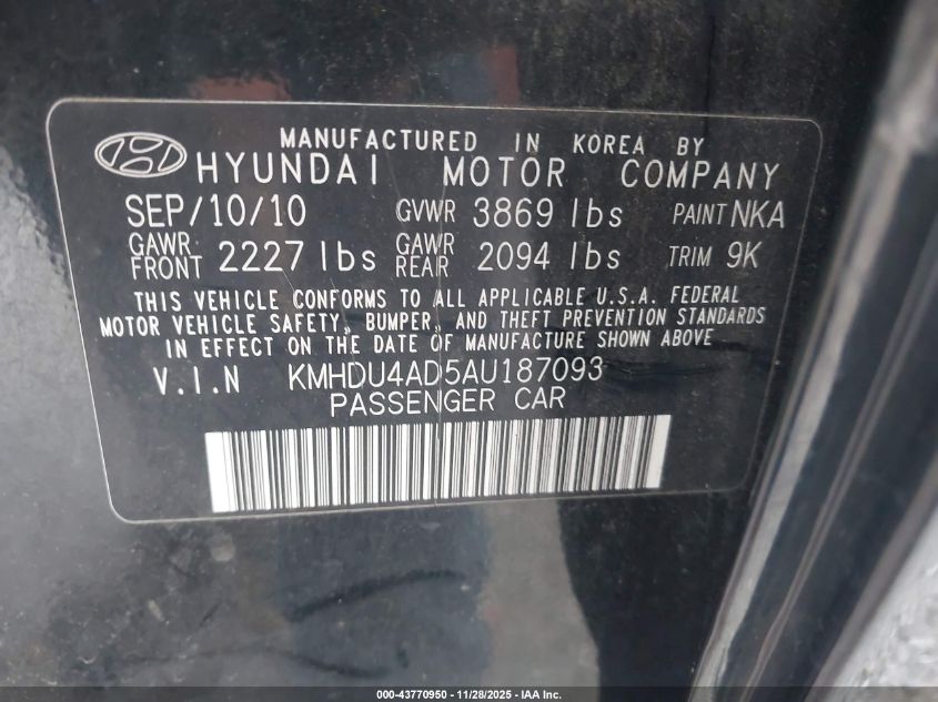 2010 Hyundai Elantra Gls VIN: KMHDU4AD5AU187093 Lot: 43770950