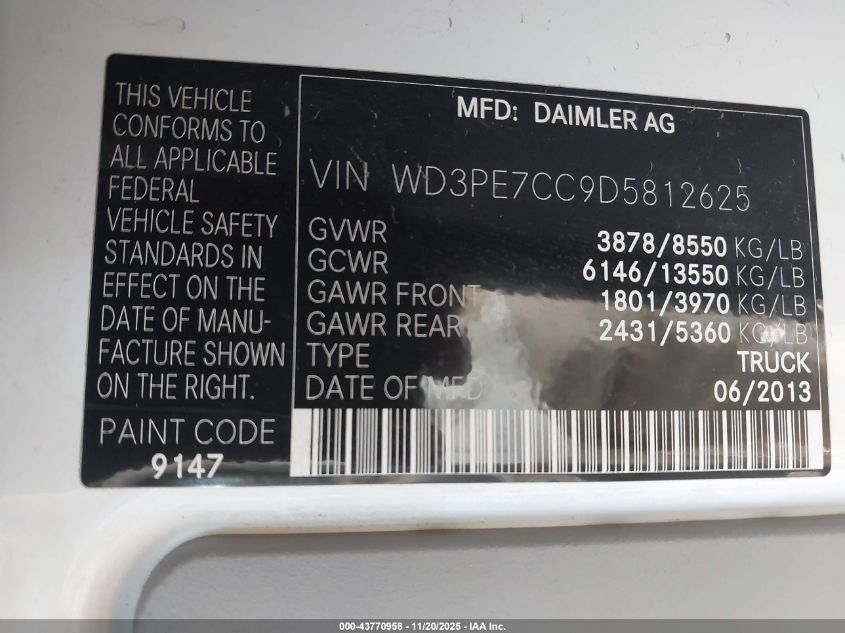 2013 Mercedes-Benz Sprinter 2500 Normal Roof VIN: WD3PE7CC9D5812625 Lot: 43770958
