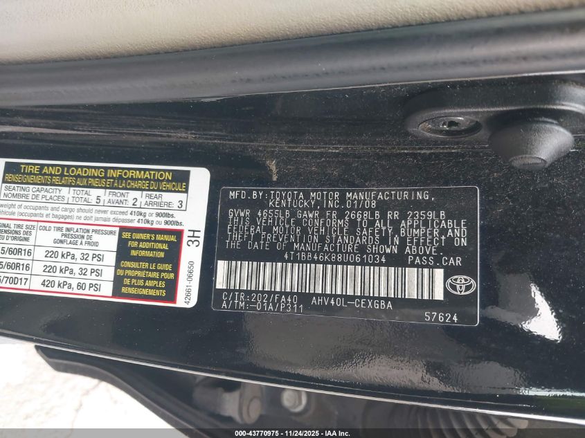 2008 Toyota Camry Hybrid VIN: 4T1BB46K88U061034 Lot: 43770975