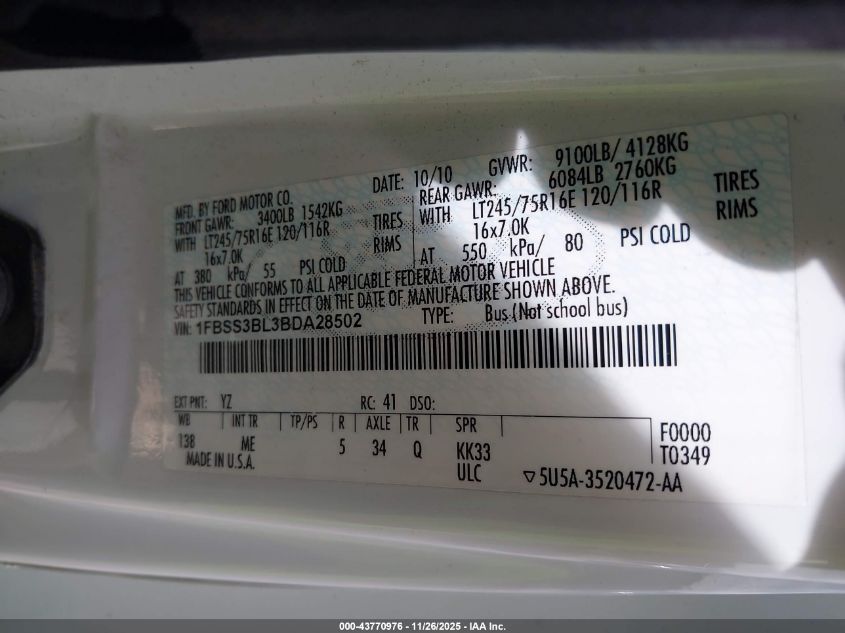 2011 Ford E-350 Super Duty Xlt VIN: 1FBSS3BL3BDA28502 Lot: 43770976