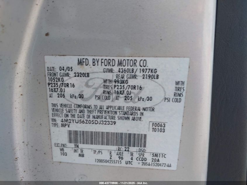 2005 Mercury Mariner Convenience VIN: 4M2YU56Z05DJ32339 Lot: 43770986