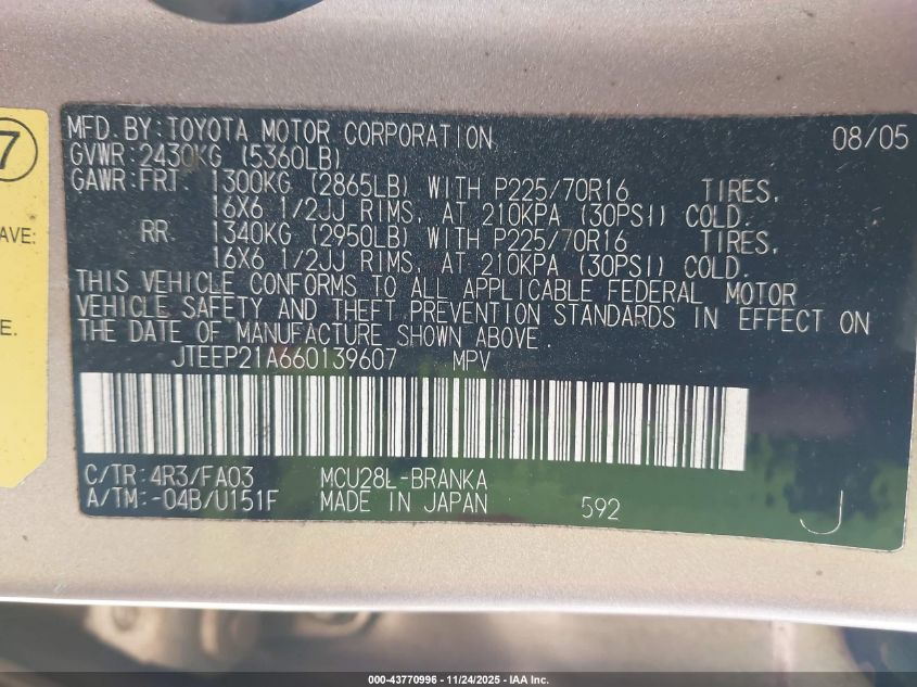 2006 Toyota Highlander V6 VIN: JTEEP21A660139607 Lot: 43770996