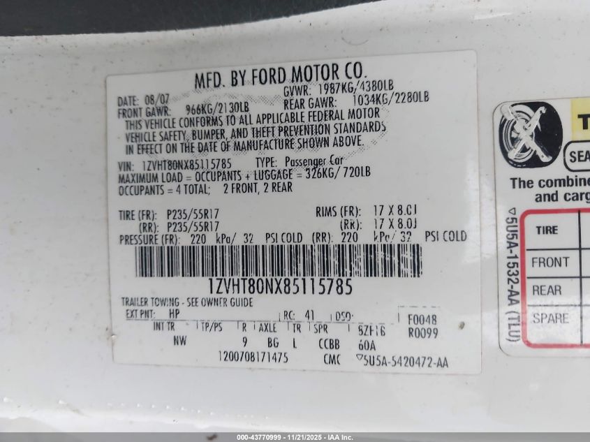 2008 Ford Mustang V6 Deluxe/V6 Premium VIN: 1ZVHT80NX85115785 Lot: 43770999
