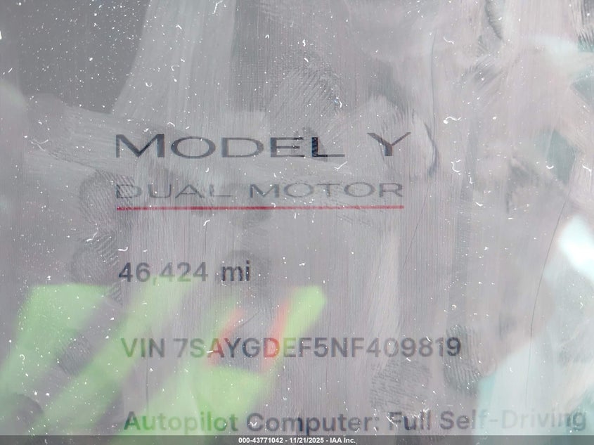 2022 Tesla Model Y Performance Dual Motor All-Wheel Drive VIN: 7SAYGDEF5NF409819 Lot: 43771042