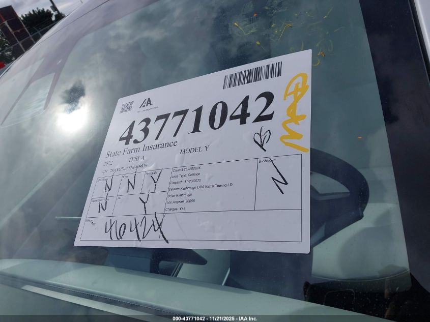 2022 Tesla Model Y Performance Dual Motor All-Wheel Drive VIN: 7SAYGDEF5NF409819 Lot: 43771042