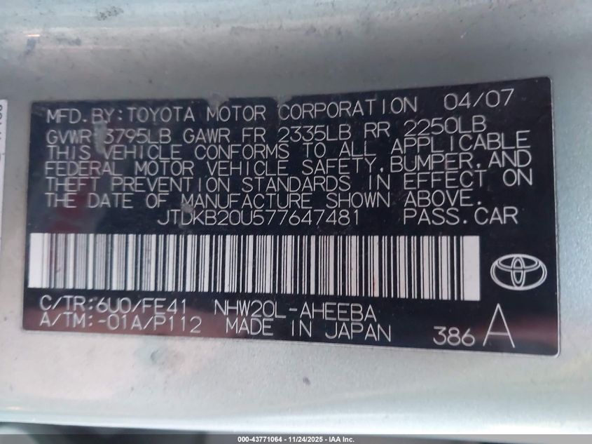 2007 Toyota Prius VIN: JTDKB20U577647481 Lot: 43771064