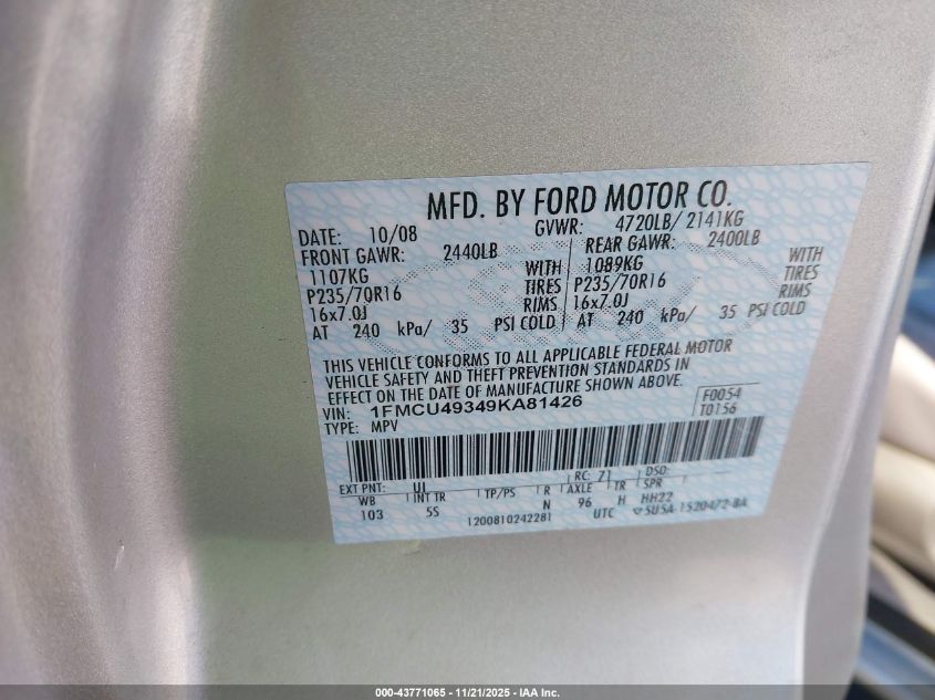 2009 Ford Escape Hybrid Limited VIN: 1FMCU49349KA81426 Lot: 43771065