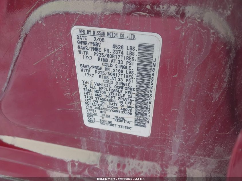 2008 Nissan Rogue Sl VIN: JN8AS58VX8W137309 Lot: 43771071