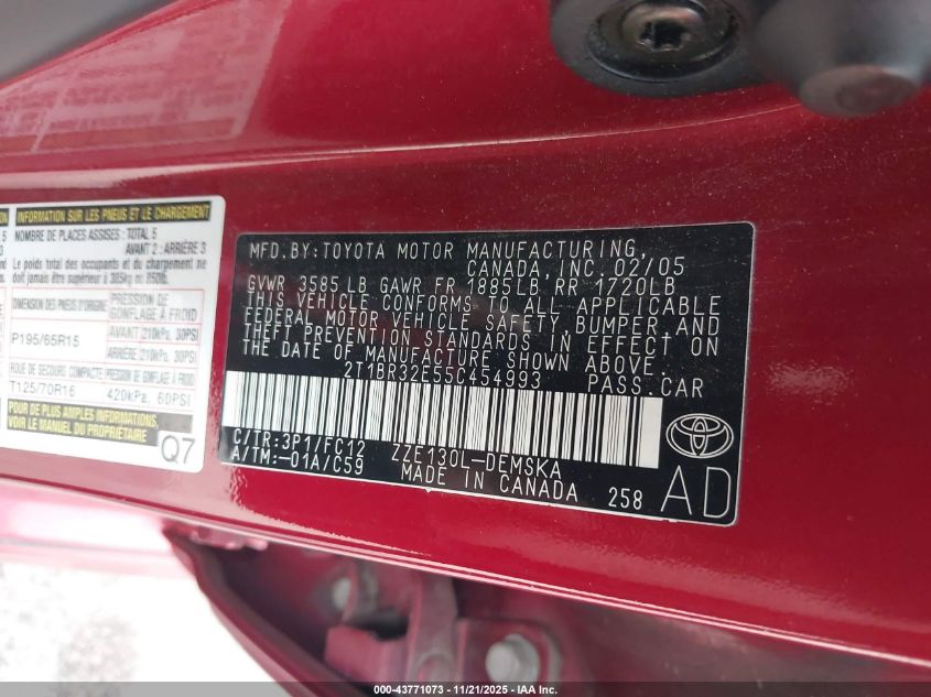 2005 Toyota Corolla S VIN: 2T1BR32E55C454993 Lot: 43771073